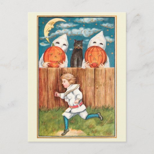 エドワーディアン時代の少年がハロウィンの幽霊から走って逃げる ポストカード (正面)