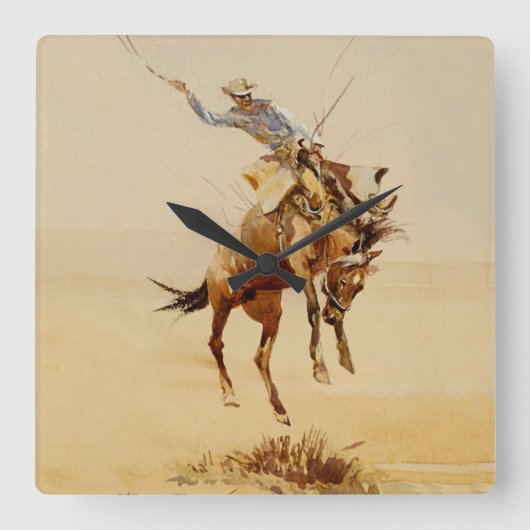 エドワード・ボレインによる馬#2のカウボーイ スクエア壁時計 (正面)