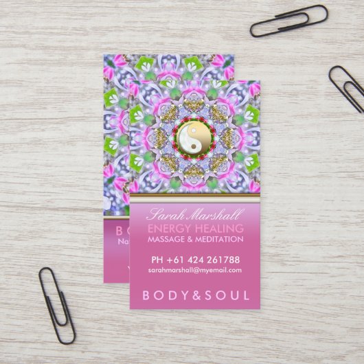 エナジースヒーリングホリスティックピンクスパークルビジネスカード 名刺 (正面/裏面インサイチュ)