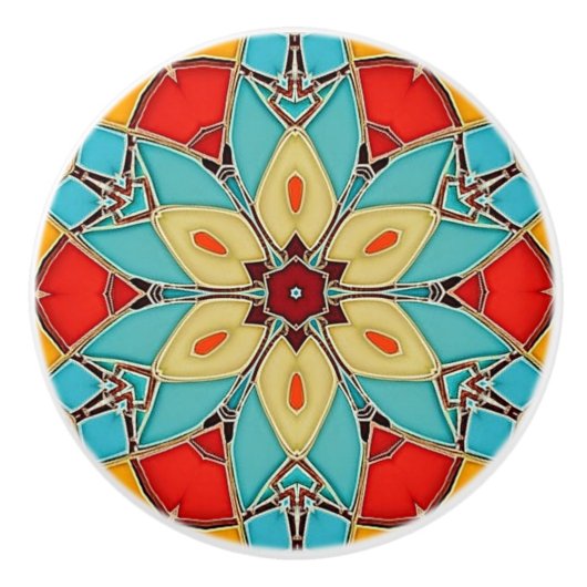 エナメルガラスの花のモチーフ – ターコイズ セラミックノブ (正面)