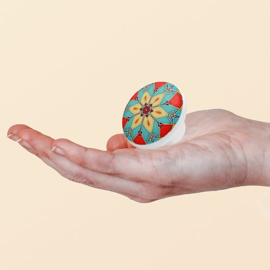 エナメルガラスの花のモチーフ – ターコイズ セラミックノブ