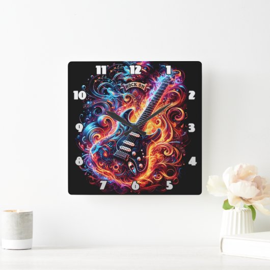 エネルギカラフルーなギタービデオ スクエア壁時計 (ホーム)