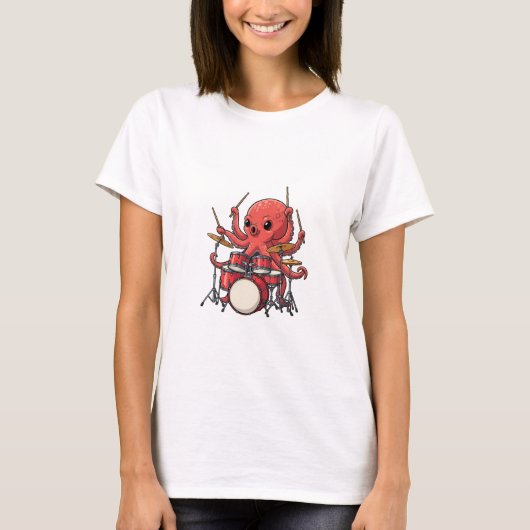 エネルギッシュな赤いタコのドラマー マルチタスク Tシャツ (正面)