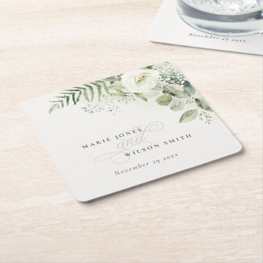 エバエレガントナのユーカリの緑の結婚葉 スクエアペーパーコースター (アングル)