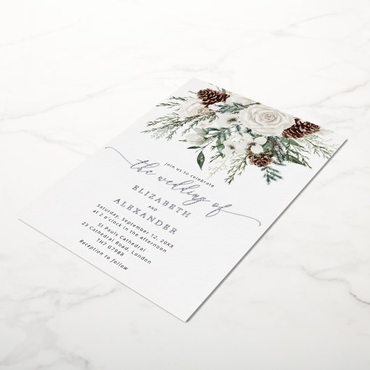 エバエレガントーグリーンウィンターウェディングシルバー 箔招待状 (回転した状態)