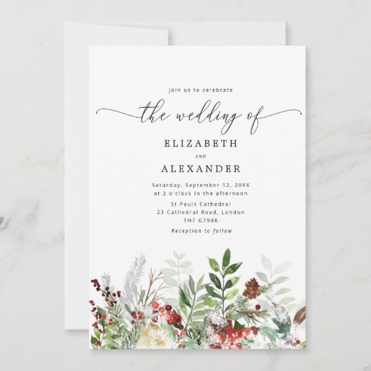 エバエレガントーグリーン冬の結婚式QRコード写真 招待状 (正面)