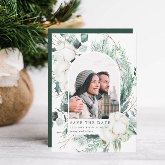 エバエレガントーグリーン&コットンフラワーアーチフォト セーブザデート