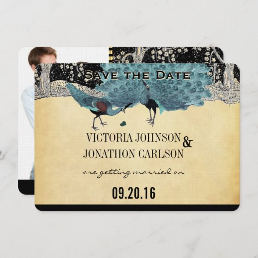 エバーアフターアールデコピーコックゴールデン結婚フォレストズ 招待状 (正面/裏面)