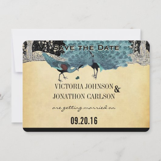 エバーアフターアールデコピーコックゴールデン結婚フォレストズ 招待状 (正面)