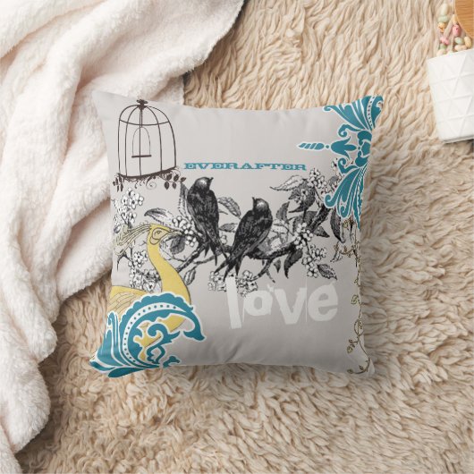 エバーアフターブライドティール(緑がかった色)イエローグレーピーコックバードケージ クッション (ブランケット)