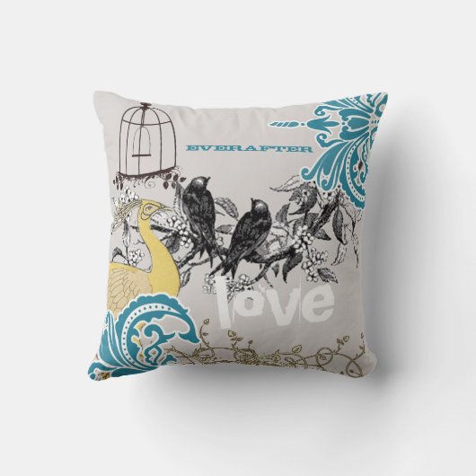 エバーアフターブライドティール（緑がかった色）イエローグレーピーコックバードケージ クッション (裏面)