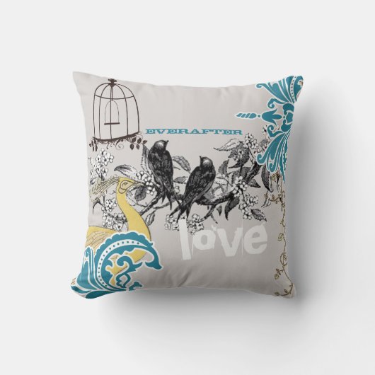 エバーアフターブライドティール(緑がかった色)イエローグレーピーコックバードケージ クッション (正面)