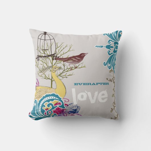 エバーアフターブライドティール（緑がかった色）イエローグレーピーコックバードケージ クッション (正面)