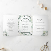 エバーグリーンとコットンフラワーアーチ結婚ーズ 三つ折り招待状 (内部)