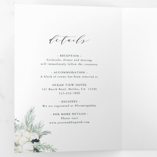 エバーグリーンとコットンフラワーアーチ結婚ーズ 三つ折り招待状 (内部最初)