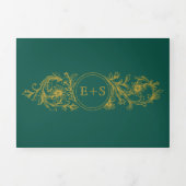 エバーグリーンと金ゴールドフレーム、イニシャル冬の結婚式 三つ折り招待状 (カバー)