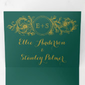 エバーグリーンと金ゴールドフレーム、イニシャル冬の結婚式 三つ折り招待状 (内部最初)