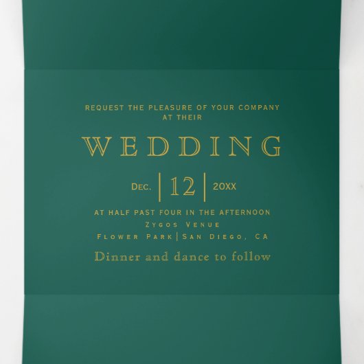 エバーグリーンと金ゴールドフレーム、イニシャル冬の結婚式 三つ折り招待状 (内部中)