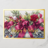 エバーグリーンアレンジメントバーガンディーリボンクリスマス 箔シーズンカード (正面)