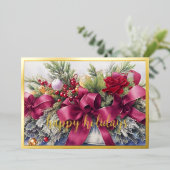 エバーグリーンアレンジメントバーガンディーリボンクリスマス 箔シーズンカード (立ち正面)