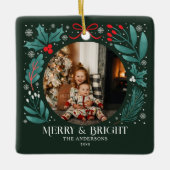 エバーグリーンウィンターボタニカルクリスマスフォト セラミックオーナメント (正面)