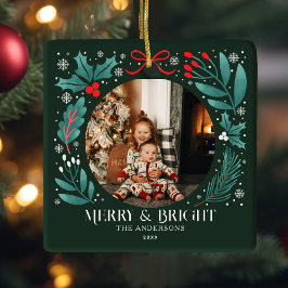 エバーグリーンウィンターボタニカルクリスマスフォト セラミックオーナメント