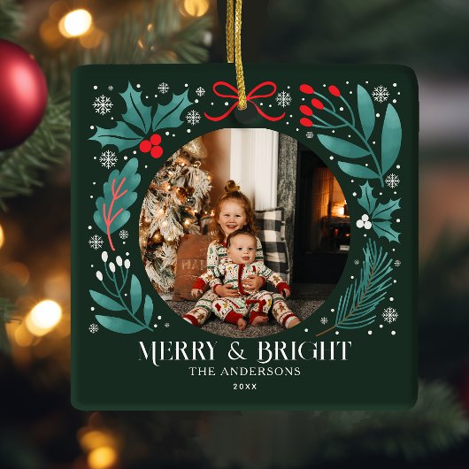 エバーグリーンウィンターボタニカルクリスマスフォト セラミックオーナメント