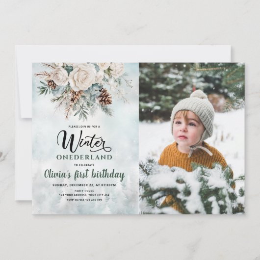 エバーグリーンウィンターOnederland最初の誕生日写真 招待状 (正面)