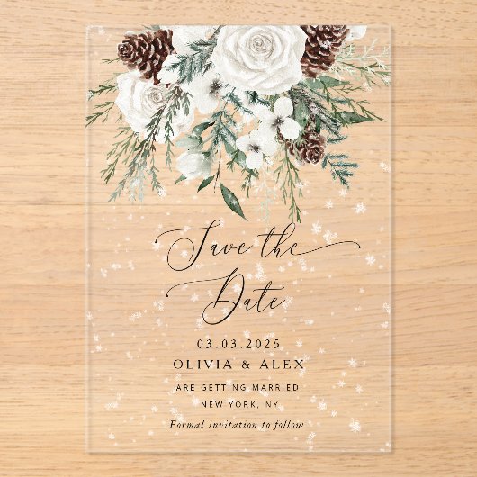 エバーグリーンエレガント冬の日付の保存 アクリル招待状 (正面)
