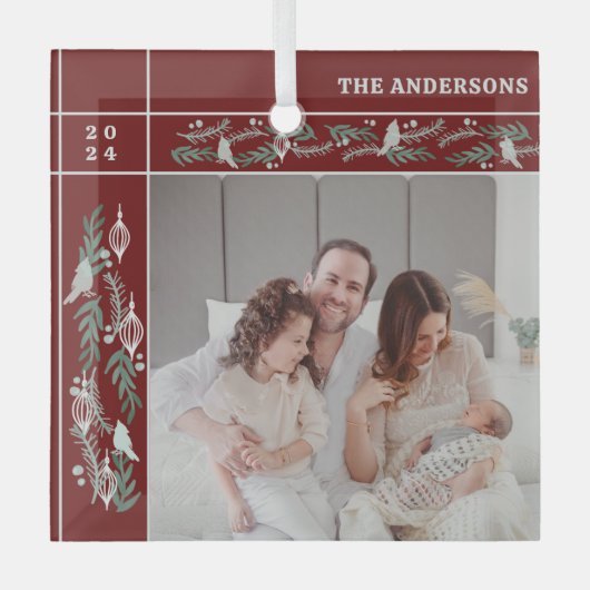 エバーグリーンガーランドフレームフォトクリスマス ガラスオーナメント (正面)