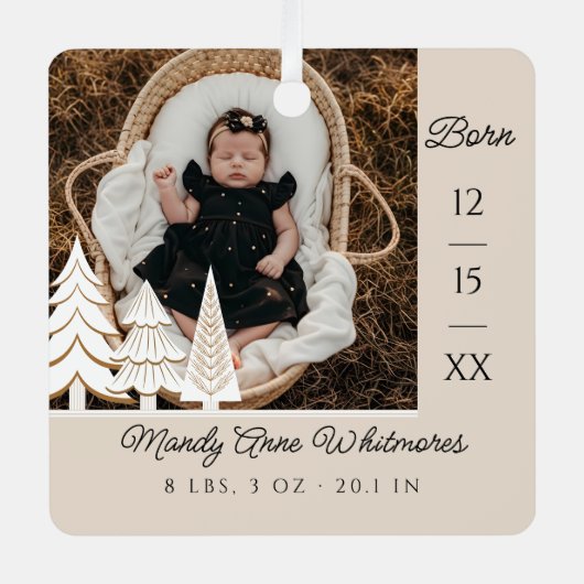 エバーグリーンクリスマスツリーベビー誕生写真 メタルオーナメント (正面)