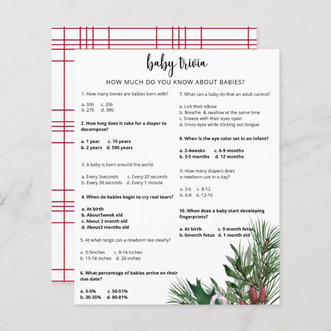 エバーグリーンスノーベビートリビア |赤ちゃんシャワーゲーム (正面/裏面)