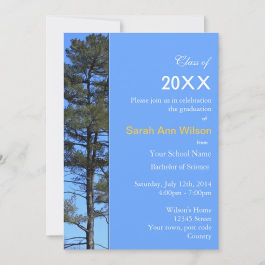 エバーグリーンツリー写真ブルー卒業 招待状 (正面)