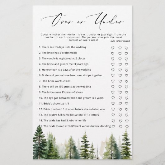 エバーグリーンフォレストの上または下のブライダルシャワーゲーム (正面)