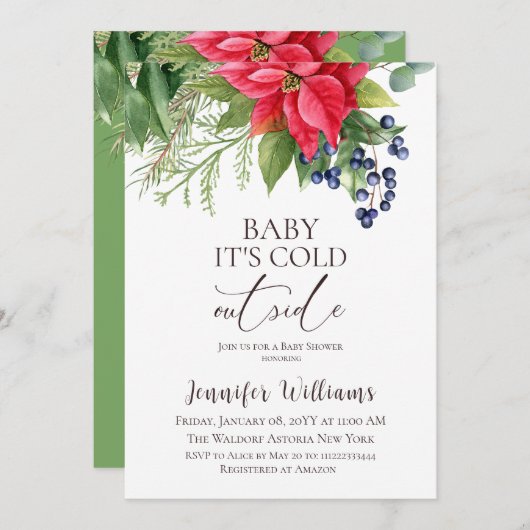 エバーグリーンベビーその冷たい外の冬の赤ちゃんシャワー 招待状 (正面/裏面)
