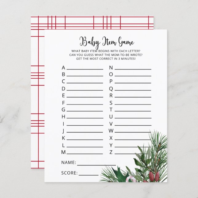 エバーグリーンベビーアイテムゲーム。赤ちゃんシャワーゲーム (正面/裏面)