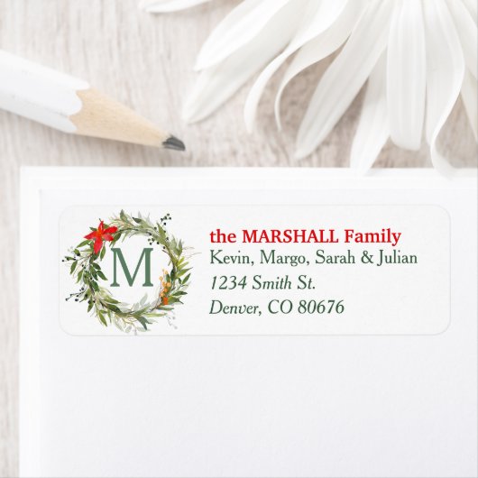 エバーグリーンポインセチアモノグラムクリスマスリース ラベル (インサイチュ)