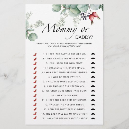 エバーグリーンママまたはパパ赤ちゃんシャワーゲーム (正面)