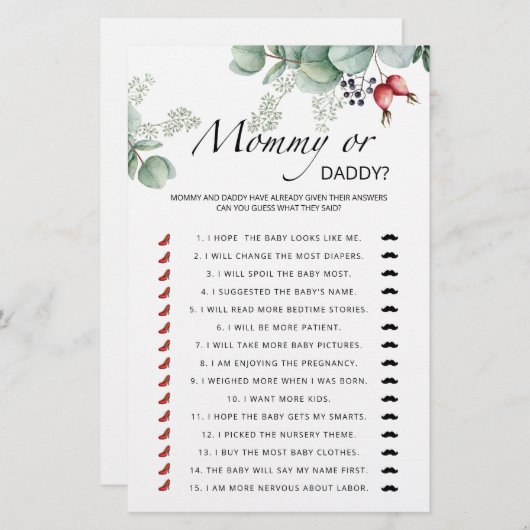 エバーグリーンママまたはパパ赤ちゃんシャワーゲーム (正面/裏面)