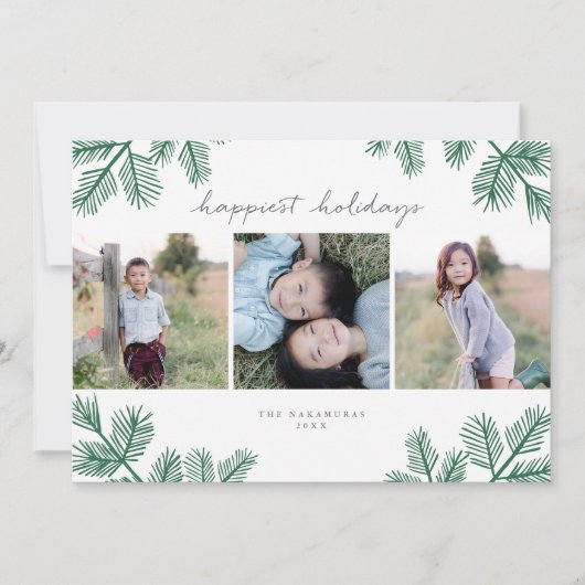 エバーグリーンモダンパインミニマル3写真クリスマス シーズンカード (正面)