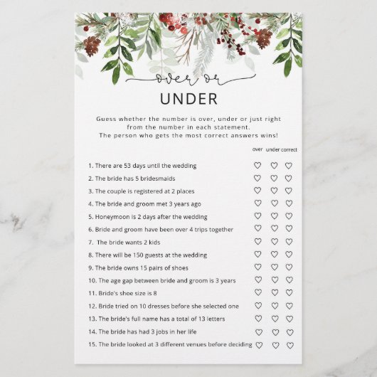 エバーグリーン上または下のブライダルシャワーゲーム (正面)