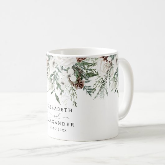 エバーグリーン冬の結婚クリスマス コーヒーマグカップ (正面右)