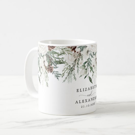 エバーグリーン冬の結婚クリスマス コーヒーマグカップ (正面左)