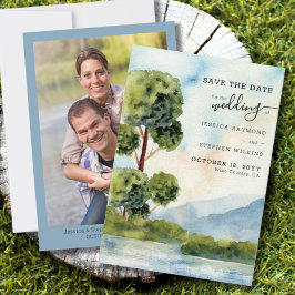 エバーグリーン湖の水色と垂直方向の写真 セーブザデート