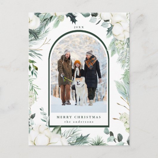 エバーグリーン&コットンフラワーアーチフォトホリデー ポストカード (正面)