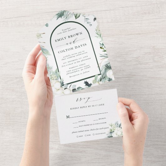 エバーグリーン&コットンフラワーウォータカラー結婚ズ オールインワン招待状 (貼ってはがせる)