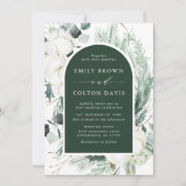 エバーグリーン&コットンフラワーエレガントなウェディンググリーン 招待状 (正面)