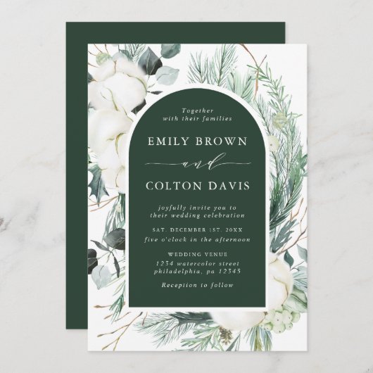 エバーグリーン&コットンフラワーエレガントなウェディンググリーン 招待状 (正面/裏面)