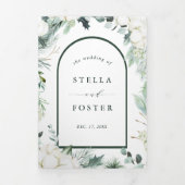 エバーグリーン&コットンフラワーエレガントなウェディングフォト 三つ折り招待状 (カバー)