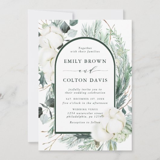 エバーグリーン&コットンフラワーエレガントなウェディングフォト 招待状 (正面)